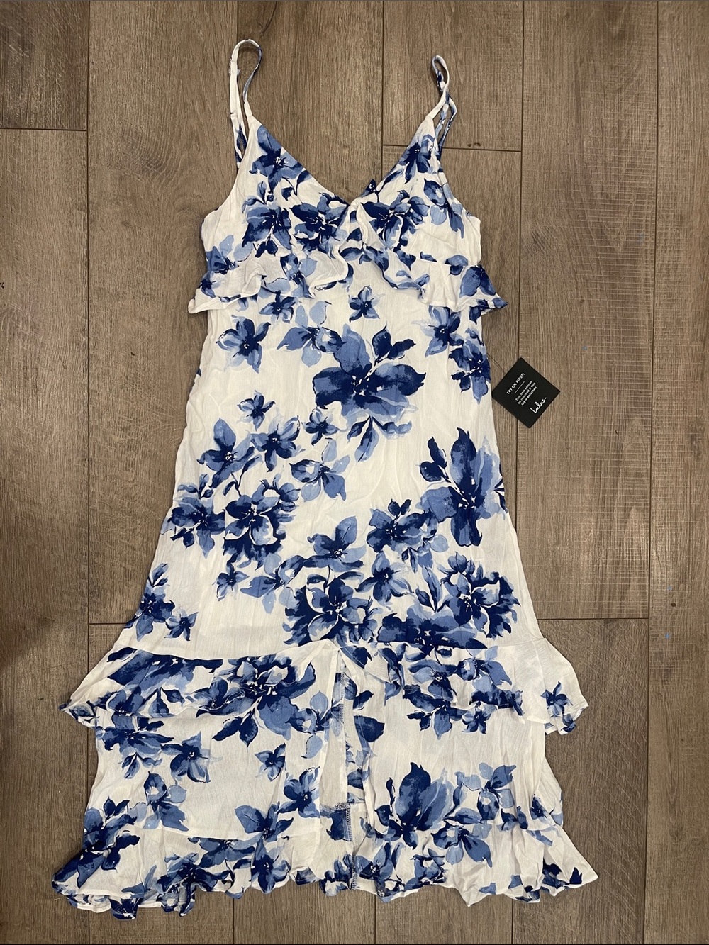 Lulus White & Blue Floral Ruffled Sundress Size Small